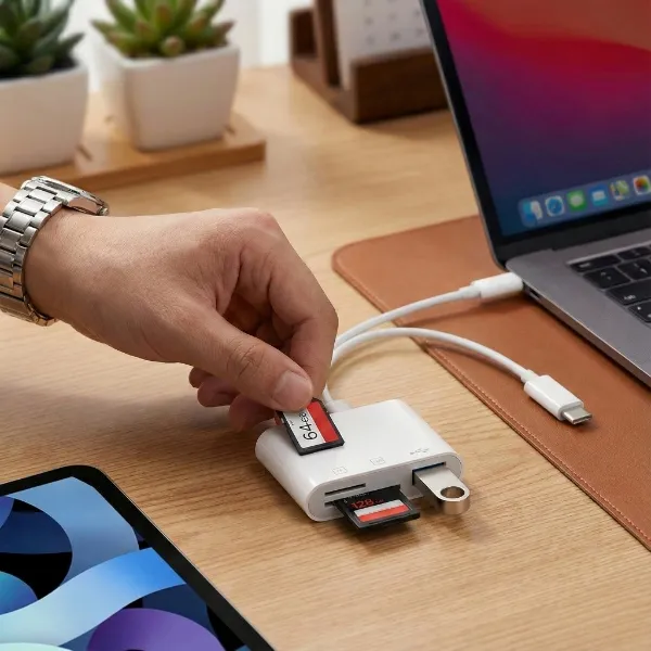 Lector de tarjetas dual - SD y MicroSD, Lightning + USB-C | FILEDIRECT