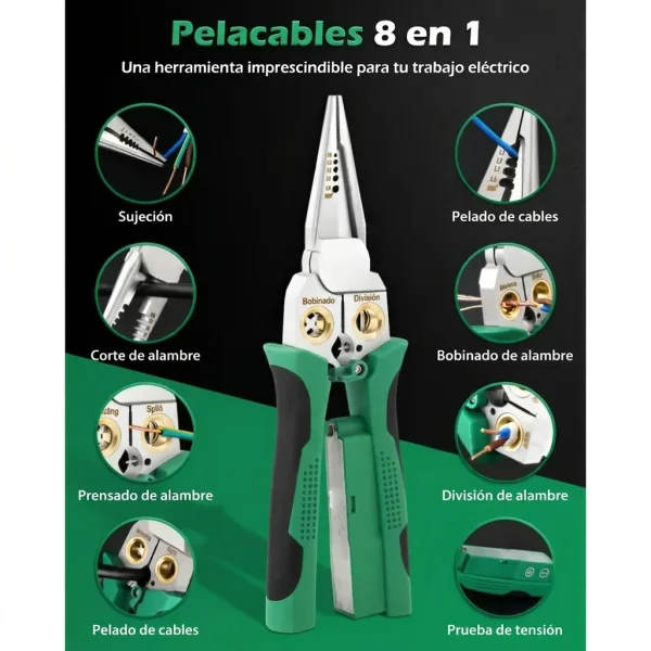 8 en 1 Pelacables y Cortacables (20,7 cm) - Pela, Corta, Prensa y Prueba el Voltaje en una Sola Herramienta | POWERPLIERS